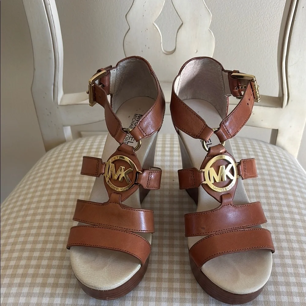 Michael Kors Tan Leather Wedge Sandals with Gold MK Medallion